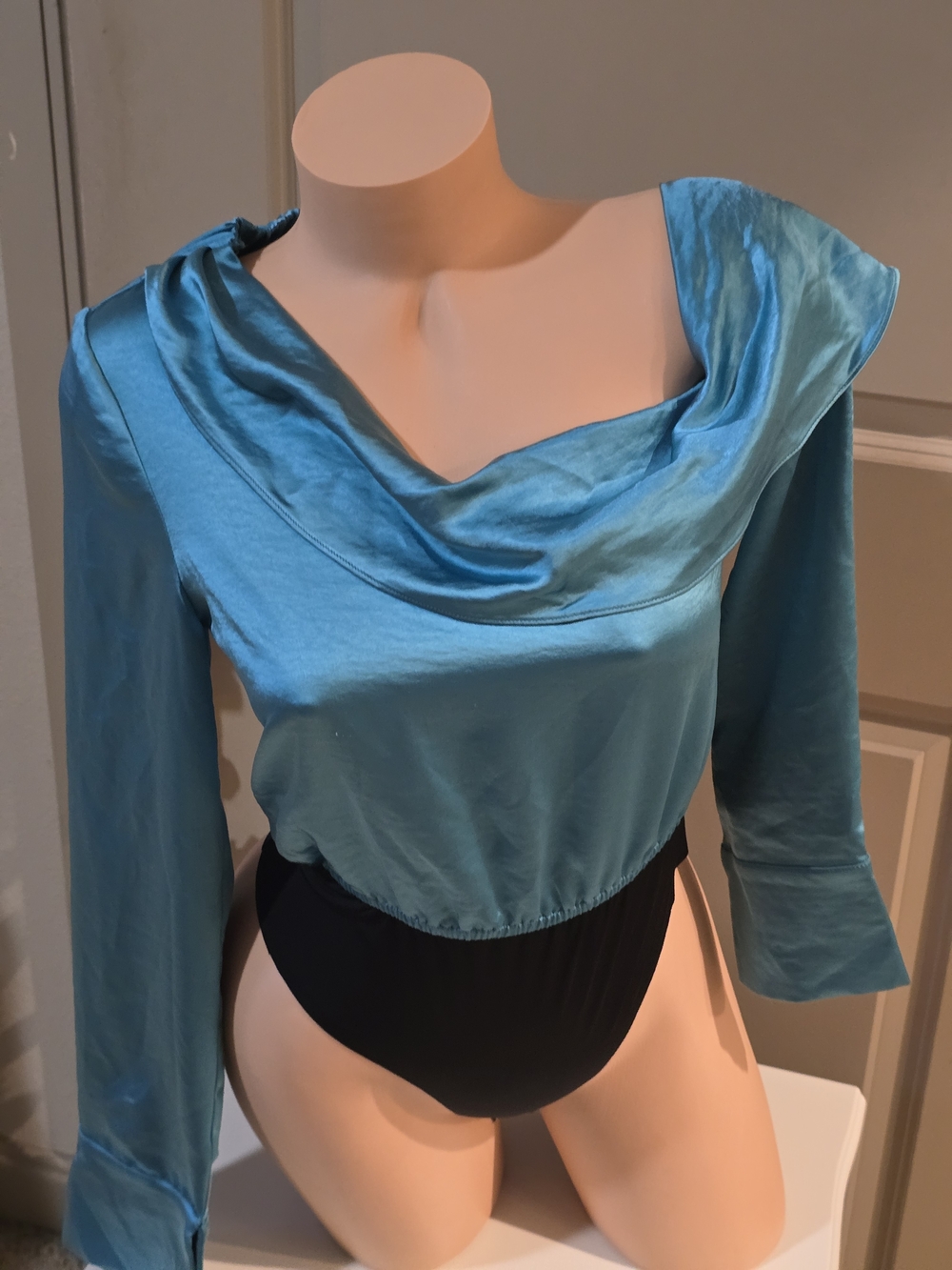 Free People Teal Satin Cowl Neck Long Sleeve Bodysuit